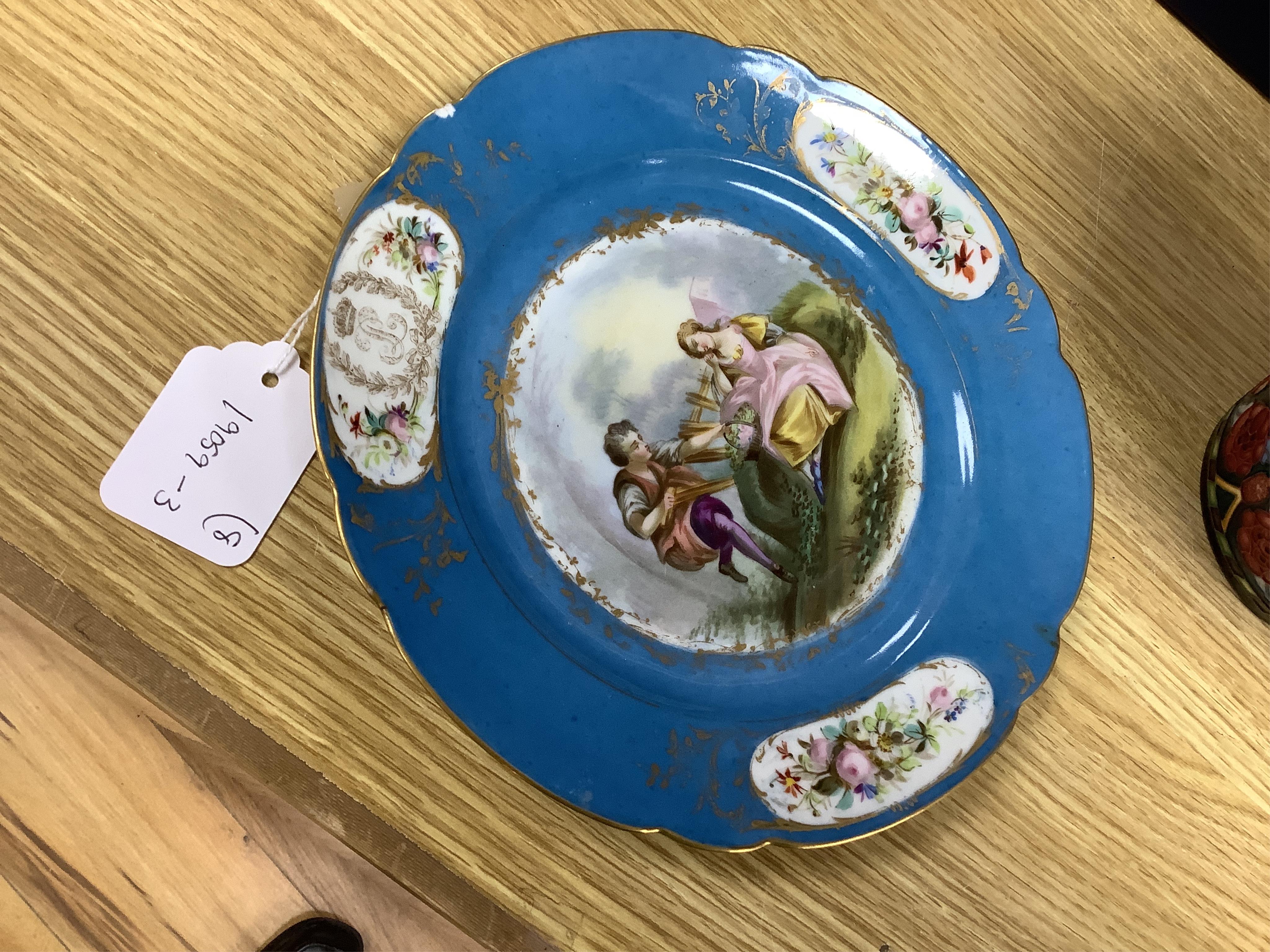 A set of eight 19th century Sevres style bleu celeste ground cabinet plates, each painted with a courting couple, 22cm diameter